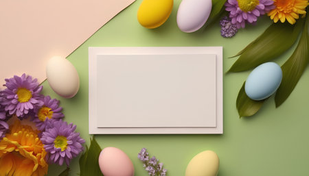 Easter greeting card with colorful eggs and spring flowers on green backgroundの素材