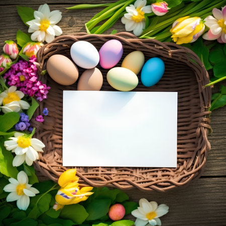 Easter eggs in a basket with flowers on a wooden background.の素材