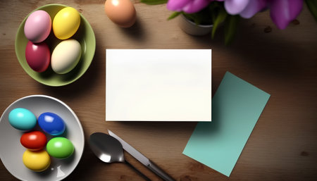 Easter eggs with blank card and tulips on a wooden tableの素材