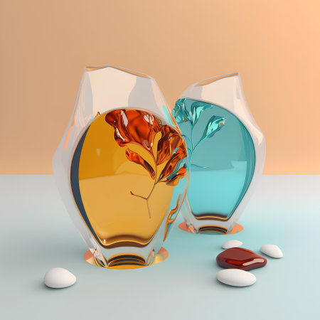 3d illustration of two wineglasses with colorful liquid and stonesの素材
