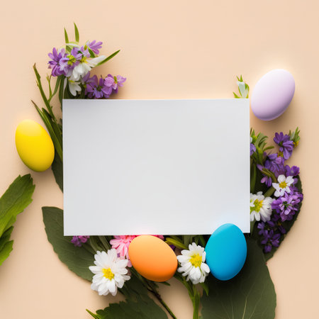 Easter greeting card with spring flowers and easter eggs on pastel backgroundの素材