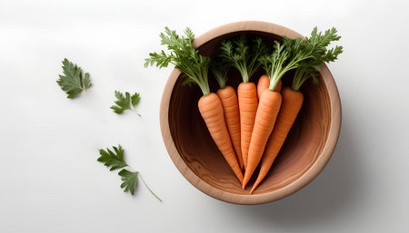 Fresh carrots in wooden bowl with parsley on white background, top viewの素材