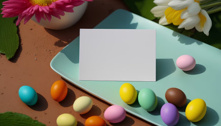 Easter greeting card with easter eggs and flowers on the tableの素材