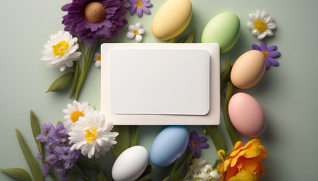 Easter greeting card mockup with spring flowers and easter eggsの素材