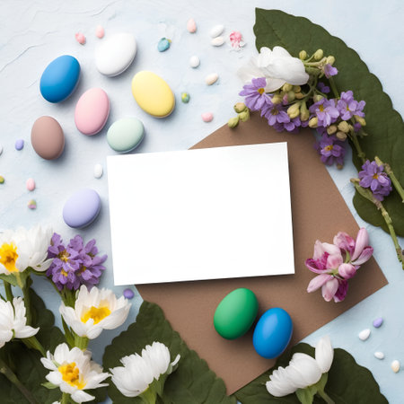 Easter greeting card with flowers and easter eggs on a blue backgroundの素材
