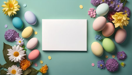 Easter background with eggs, flowers and blank card. Top viewの素材
