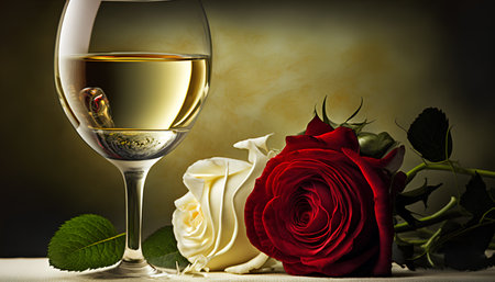Glass of white wine and red rose on a dark background with copy spaceの素材