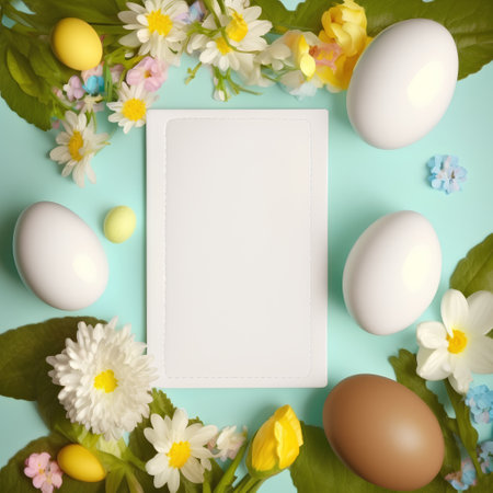Easter background with eggs, flowers and blank card on blue backgroundの素材