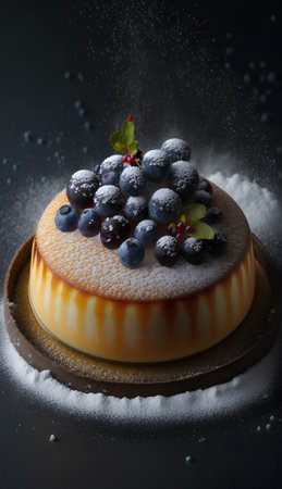 Cheesecake with fresh blueberries and raspberries on black backgroundの素材