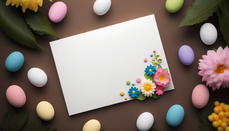 Easter greeting card with colorful eggs, flowers and leaves on brown backgroundの素材