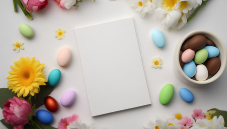 Easter greeting card with colorful eggs and spring flowers on white backgroundの素材