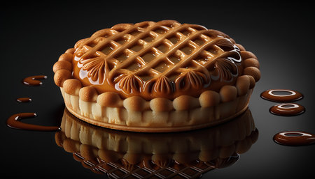 Chocolate cake with caramel cream on black background. 3d illustrationの素材