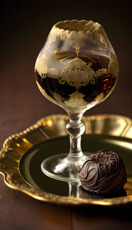 A glass of cognac and chocolate candies on a brown backgroundの素材