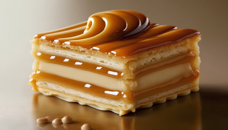 close up of a caramel cake on a brown background with copy spaceの素材