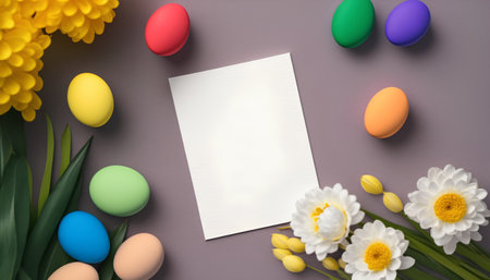 Easter greeting card mockup with colorful eggs and spring flowers on purple backgroundの素材