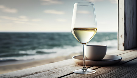 Glass of white wine on a wooden table in front of the seaの素材