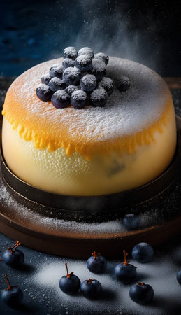 Cheesecake with blueberries and icing sugar on a dark backgroundの素材