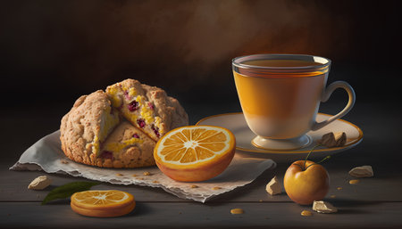 Cup of tea with lemon and cookies on a wooden table.の素材