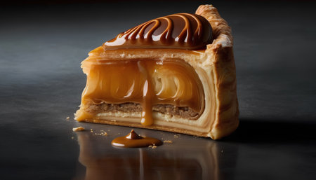 Delicious apple pie with caramel on a black background, closeupの素材