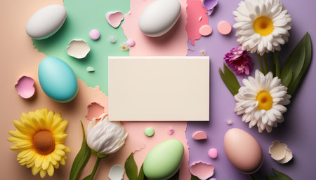 Easter eggs and flowers on pastel background. Flat lay, top viewの素材