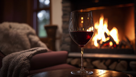 Glass of red wine in front of a fireplace in a country houseの素材