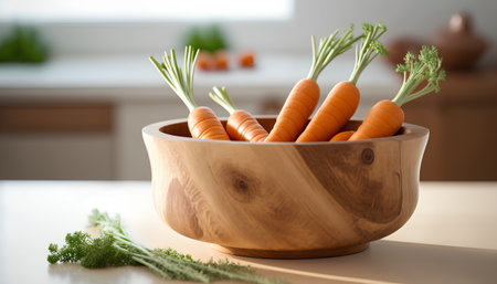 Fresh carrots in wooden bowl on table in kitchen. Healthy food conceptの素材