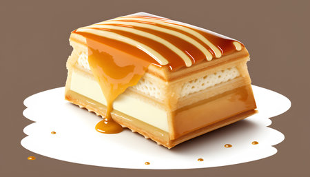 Piece of caramel cake on a white plate. 3d illustrationの素材