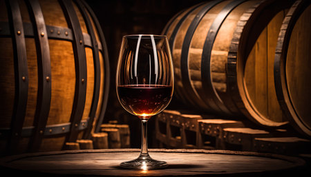 Glass of red wine on a wooden table in cellar with barrels.の素材