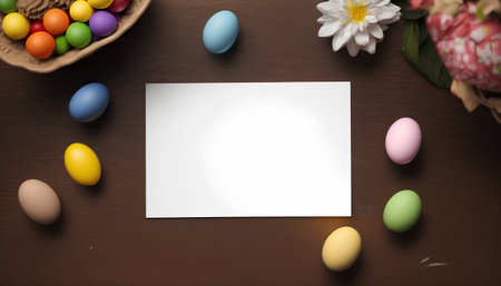 Easter eggs with blank card on wooden background. Top view.の素材