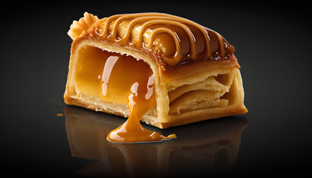 Slice of apple strudel with caramel on a black backgroundの素材