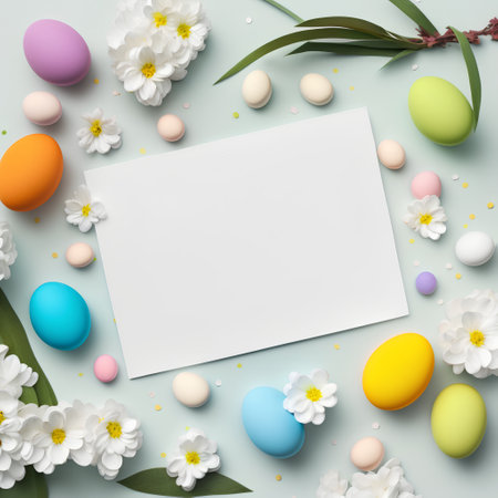 Easter greeting card with colorful eggs and flowers on pastel blue background. Top view, flat layの素材