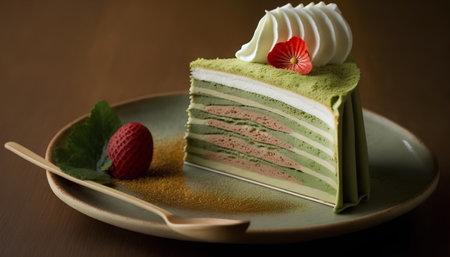 Green tea cake with strawberry and whipped cream on the wooden table.の素材