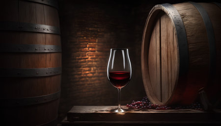 Glass of red wine in front of a barrel on a dark backgroundの素材