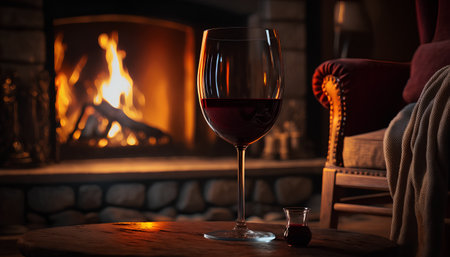 Glass of red wine on wooden table in front of burning fireplace.の素材