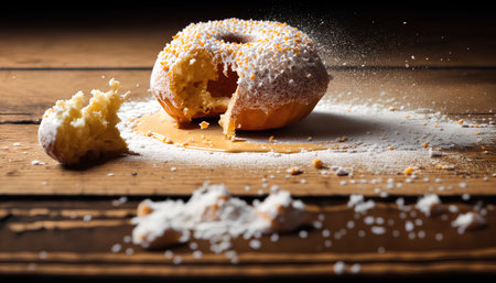 Donuts sprinkled with powdered sugar on a wooden background. Toned.の素材