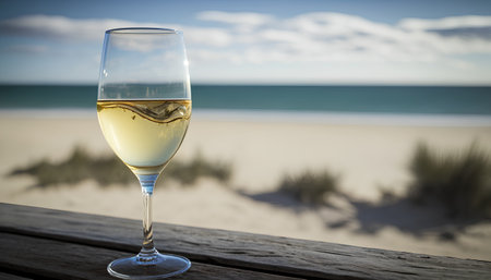 Glass of white wine on the beach with blue sea and sky backgroundの素材