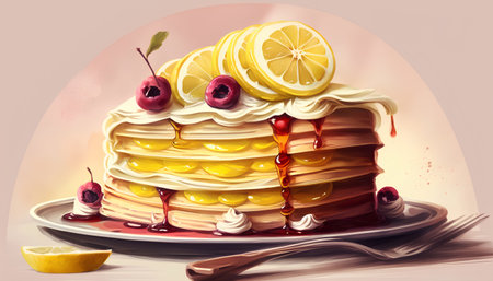 Pancakes with cherry, lemon and ice cream. Vector illustration.の素材