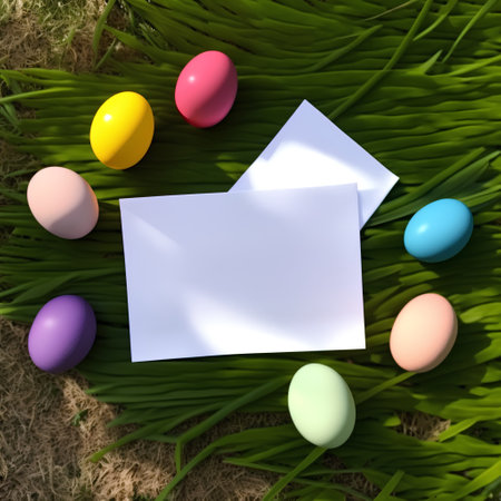 Easter eggs and greeting card on green grass with copyspaceの素材