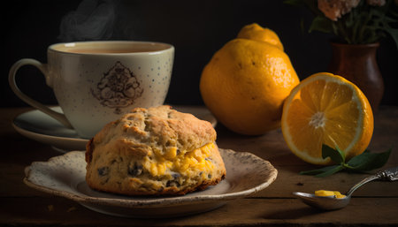 Scones with orange jam and cup of coffee on wooden tableの素材