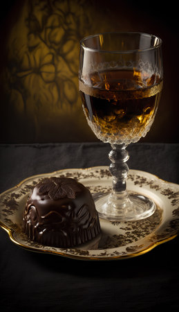 A glass of cognac and a chocolate cake on a black backgroundの素材