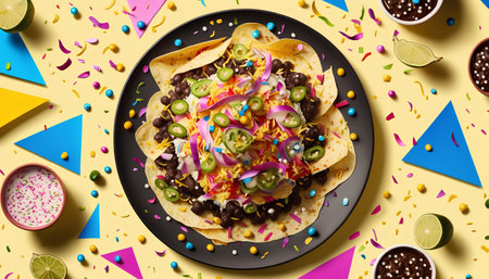 Mexican food. Nachos with guacamole, cheese, chili peppers, avocado, lime, jalapeno, onion, black pepper and colorful confetti on yellow backgroundの素材