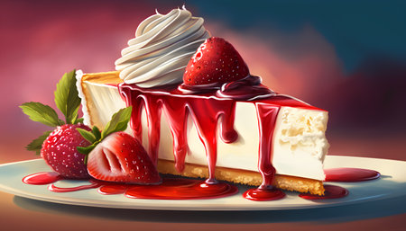 Cheesecake with strawberries on a white plate. 3d renderingの素材