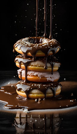 pile of donuts with chocolate syrup on a black background.の素材