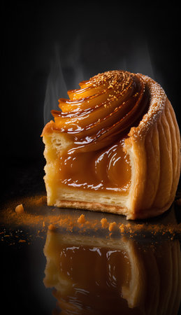 Cinnamon roll with caramel on a black background with a mirror reflectionの素材