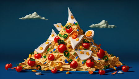 Nachos with cheese in the form of a pyramid. 3d illustrationの素材