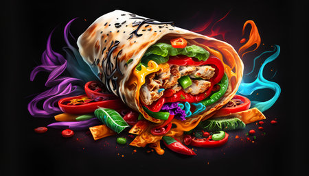 Delicious shawarma with meat, vegetables and spices on black backgroundの素材