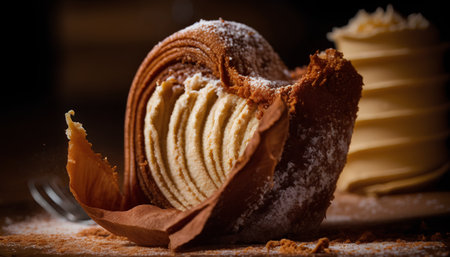 Chocolate crepe cake with powdered sugar. Selective focus.の素材