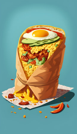 Mexican burrito with fried egg in paper bag. Vector illustrationの素材
