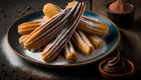 Churros with chocolate and cocoa powder on a dark background.の素材