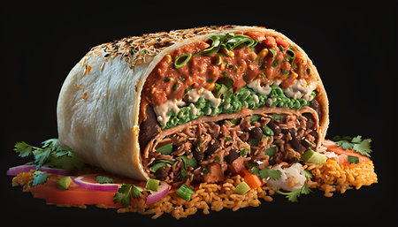 Tortilla wrap with beef and vegetables on a black background.の素材